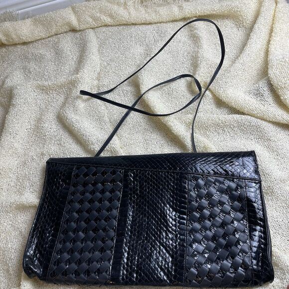 Vintage Snake Skin Black Clutch Strapped Bag Folded‎ String Black intrecciato - Picture 5 of 6